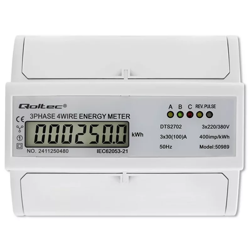 Qoltec trifazis dviejų krypčių skaitiklis | DIN bėgio energijos suvartojimo matuoklis | 400V | 100A | LCD | 4P