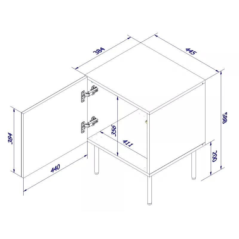 Komplektas naktinių staliukų 2 vnt. cama meble PALAZZO 44,5×40×59 cm juodos spalvos su ąžuolo craft akcentais — 1 durelė, matinis laminatas, metalinės kojos