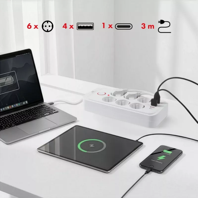 Ilgintuvas MACLEAN MCE391 W — 6 kištukinių lizdų, 4×USB-A + 1×USB-C, 3 m laidas, 110–240V, 2500W, baltas