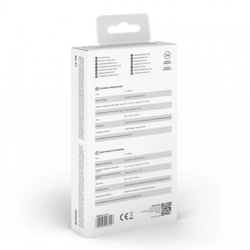 Sieninis įkroviklis 20W LA-09 USB-C QC, PD 3.0 Savio SAVLA-09