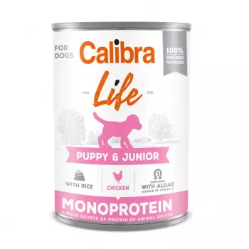 Šlapias šunų ėdalas Calibra Puppy & Junior Chicken with Rice 400 g – pilnavertis augimo ėdalas šuniukams