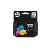 HP 308 Tri-color Original rašalo kasetė, standartinė išeiga, žydra, rausvai raudona, geltona, dažų pagrindu, 1 vnt., 120 puslapių, kombinuotas paketas