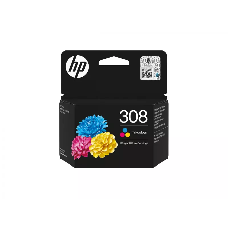 HP 308 Tri-color Original rašalo kasetė, standartinė išeiga, žydra, rausvai raudona, geltona, dažų pagrindu, 1 vnt., 120 puslapių, kombinuotas paketas