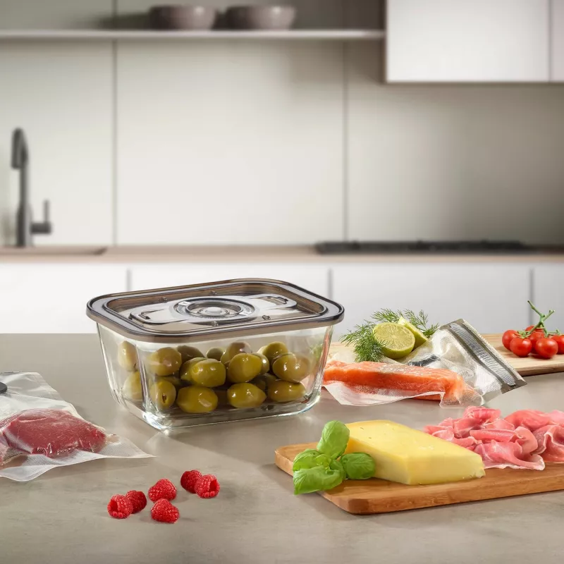 Caso VacuBoxx Eco M stiklinis vakuuminis indas su plastikiniu dangteliu, 0,8 l, skaidrus