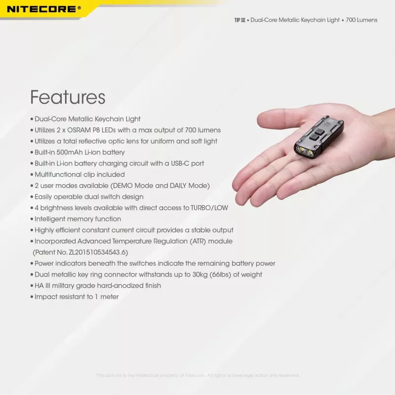 Nitecore TIP SE juodas rankinis žibintuvėlis LED