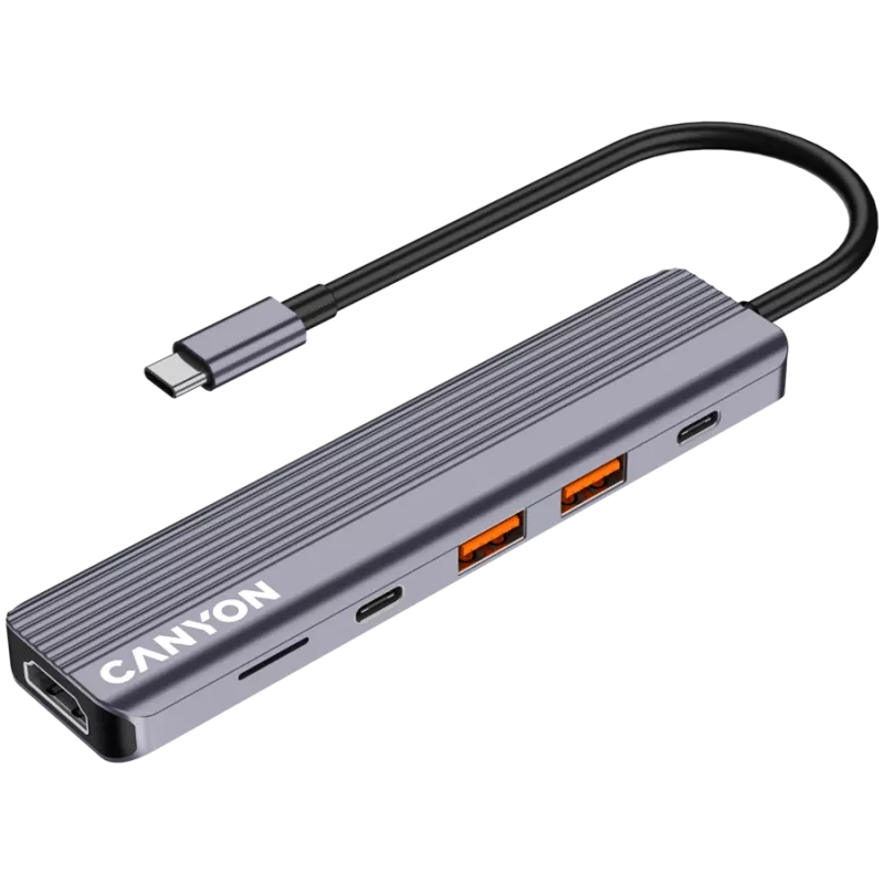 USB Type-C stotelė CANYON DS-17 — HDMI, USB 3.2 Gen 1 A, USB-C, MicroSD, 10000 Mbit/s, pilka