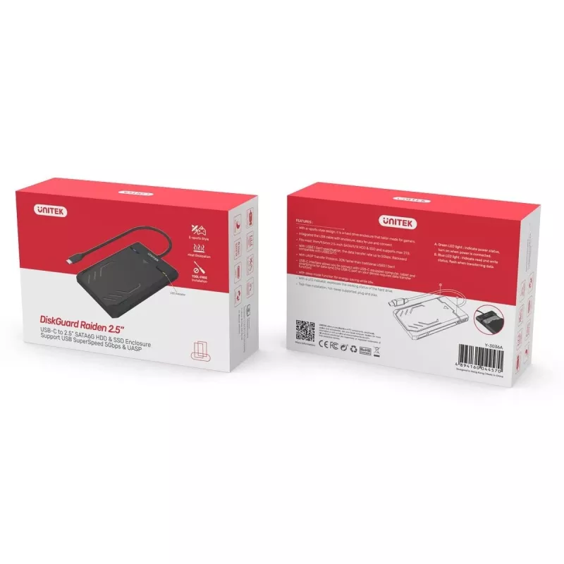 Unitek Y-3036A DiskGuard Raiden – Išorinis dėklas 2.5 inch SATA kietajam diskui / SSD su USB-C