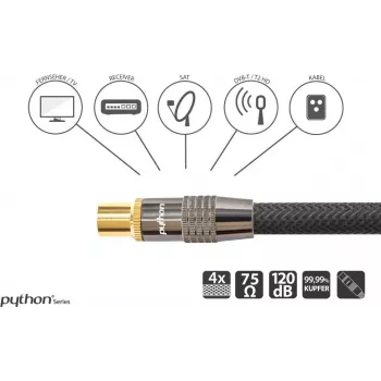 SAT antenos laidas, IEC/Koax kištukas ir lizdas paauksuoti, ekranavimo lygis 120 dB, 75 omų, juodas nailoninis pynimas, 1 m, PYTHON® serija (GC-M2011)