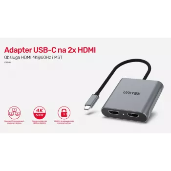 UNITEK V1404B USB-C adapteris, 2x HDMI, 4K@60Hz, MST