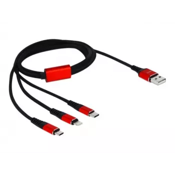 DeLOCK 85892 Laidinis įkrovimo kabelis Lightning / USB – USB (M) į Micro-USB Type B, Lightning, USB-C (M) – 1,0 m – Ekranuotas – Juodas