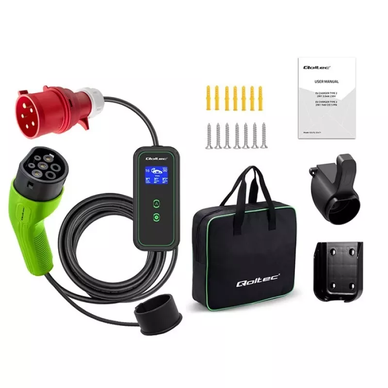 Qoltec Mobile EV automobilio įkroviklis reguliuojamas 2in1 Type2 | 7kW | 230V | CEE 3 kištukas | Wi-Fi | LCD | Nešiojamas | Wallbox | 5m