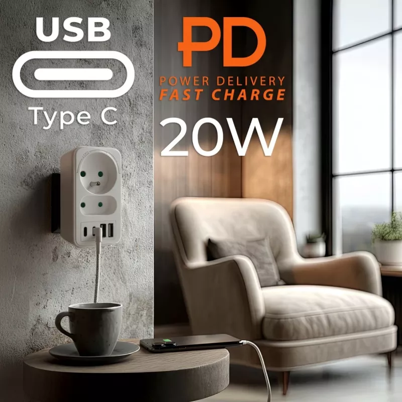 Maitinimo skirstytuvas MACLEAN MCE249 F/W – 2x kištukiniai lizdai (16A + 6A) ir 4x USB (2x A, 2x C PD 20W)