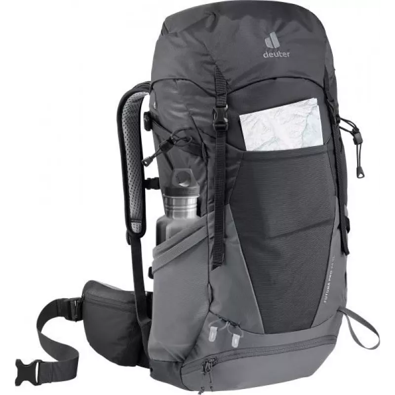 Kuprinė DEUTER Futura Pro 34 SL, moteriška žygių kuprinė, 34 L, 1,56 kg, ventiliacija, hidracija 3 L, laikiklis šalmui, vidinis plieninis rėmas