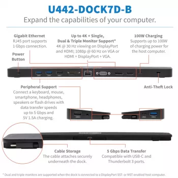 USB-C dokas, Trigubas ekranas - 4K HDMI & DP, VGA, USB 3.2 Gen 1, USB-A/C šakotuvas, GbE, 100W PD įkrovimas