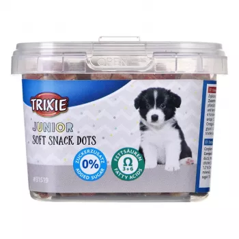 Šunų dresūros skanėstai Trixie Junior Dots 140 g – minkšti lašišos skonio užkandžiai šuniukams