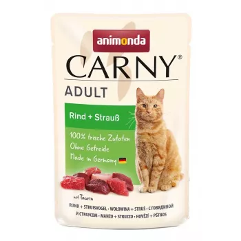 Šlapias kačių ėdalas Animonda Carny Jautiena ir Strutis 85 g – suaugusioms katėms, be grūdų, pakelis