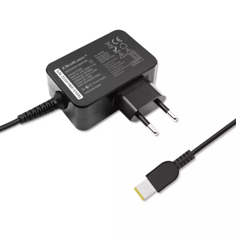 Qoltec 51035 maitinimo blokas Lenovo įrenginiams, 45 W, 20 V 2,25 A, Slim tip+pin, patalpoms, juodas