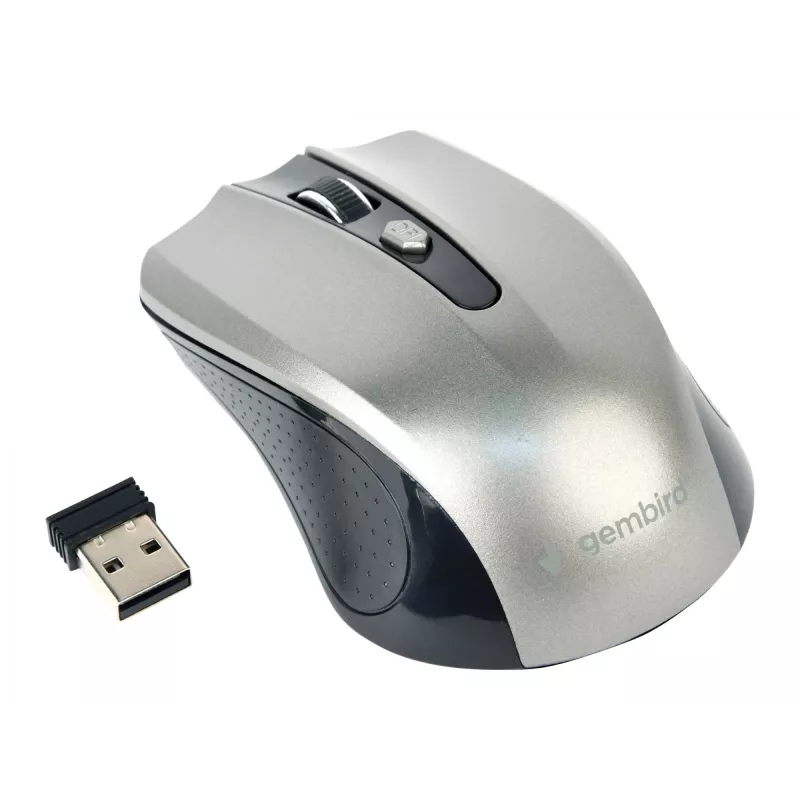 Belaidė pelė GEMBIRD MUSW-4B-04-BG – dešiniarankė, optinė 1600 DPI, 4 mygtukai, RF, juoda/pilka