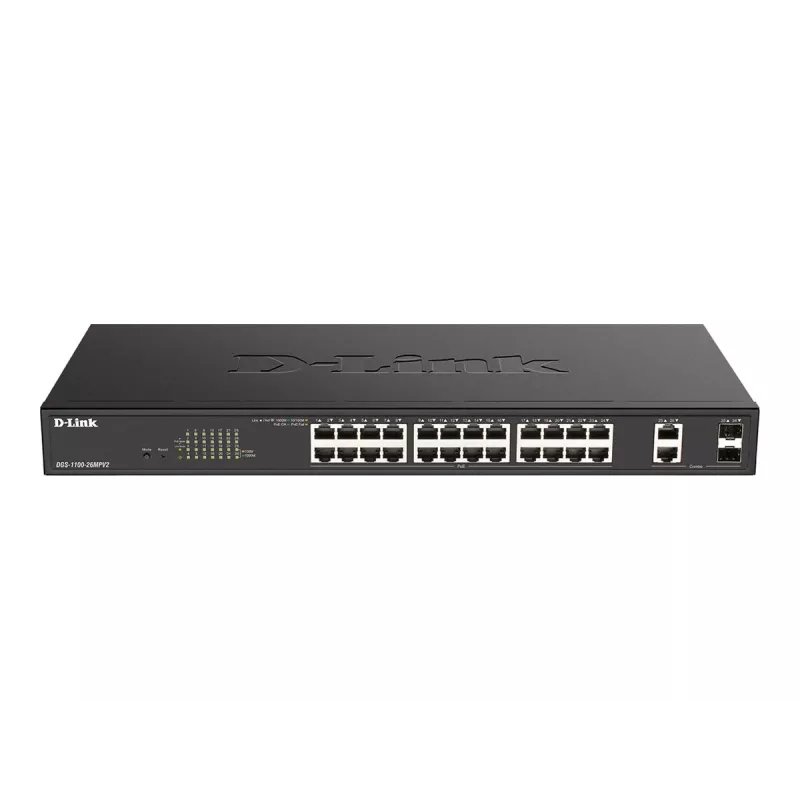 D-Link DGS-1100-26MPV2/E valdomas L2 Gigabit Ethernet komutatorius su PoE, 24 prievadai, juodas