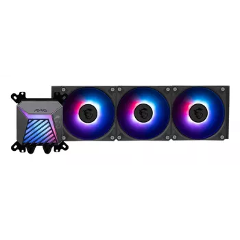 Vandens aušintuvas MSI MAG Coreliquid A15 360 — 3x 120 mm ventiliatoriai, radiatorius 394 x 120 x 27 mm, siurblys 5V, RGB, palaiko LGA 1851