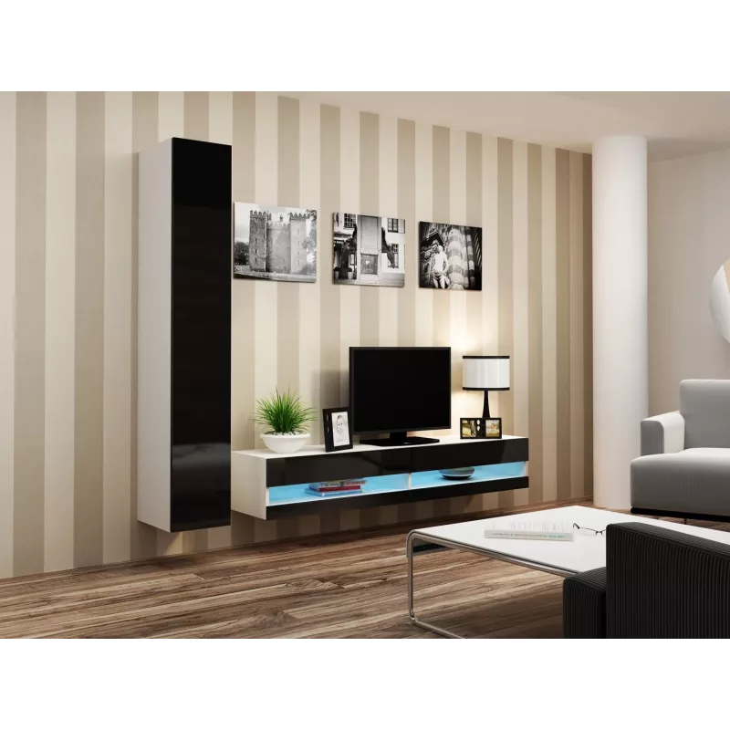 TV stovas Cama Meble VIGO NEW 30/180/40, baltas viršus, juodas blizgus rėmas, 1800×400×300 mm