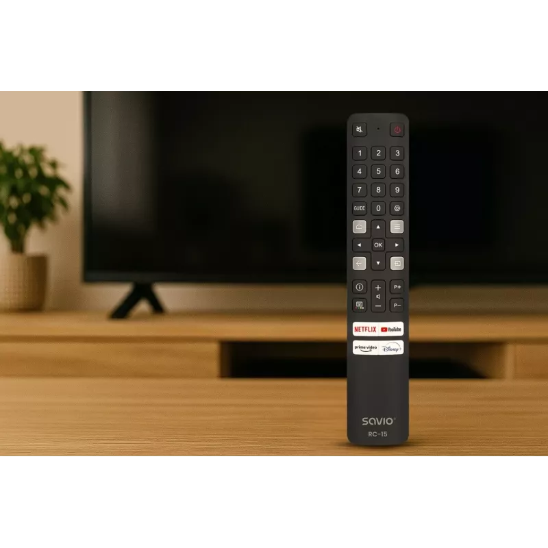SAVIO universalus TV nuotolinio valdymo pultas RC-15, skirtas TCL SMART TV, IR belaidis, juodas, veikimo atstumas 10 m