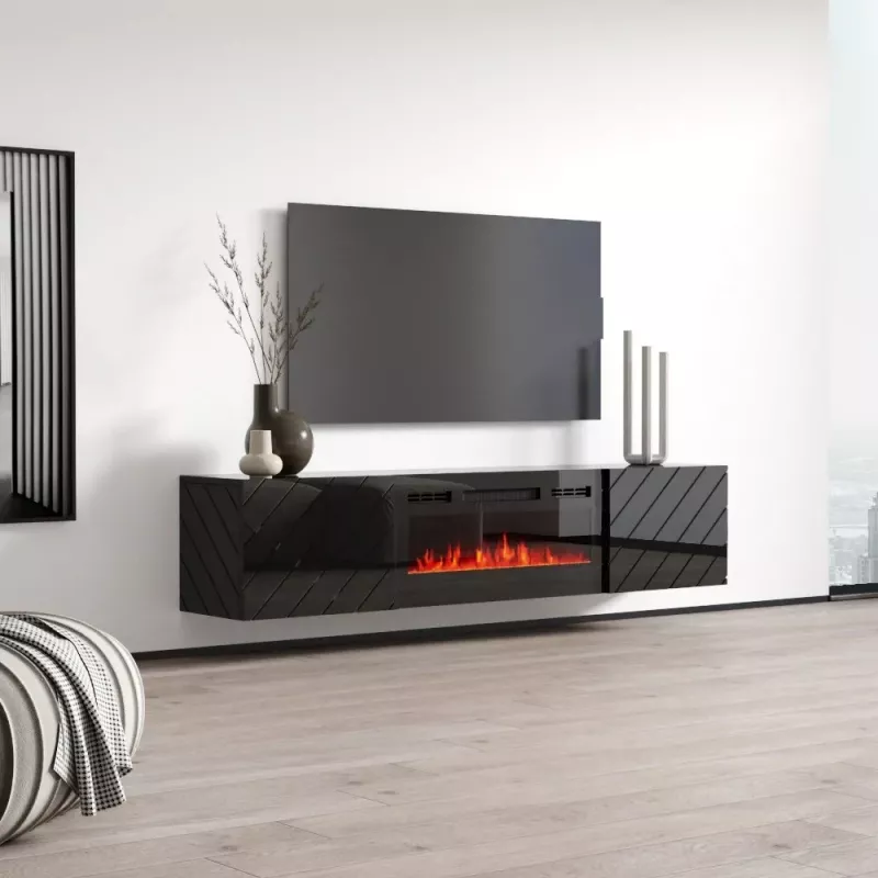 Spintelė TV su elektriniu židiniu cama meble LUXE 301126, 182,6×34,5×37,5 cm, juodos glotnios spalvos