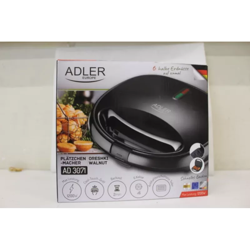 Adler AD 3071 riešutinių sausainių keptuvė | 750 W | 12 sausainių | Juoda | PAŽEISTA PAKUOTĖ