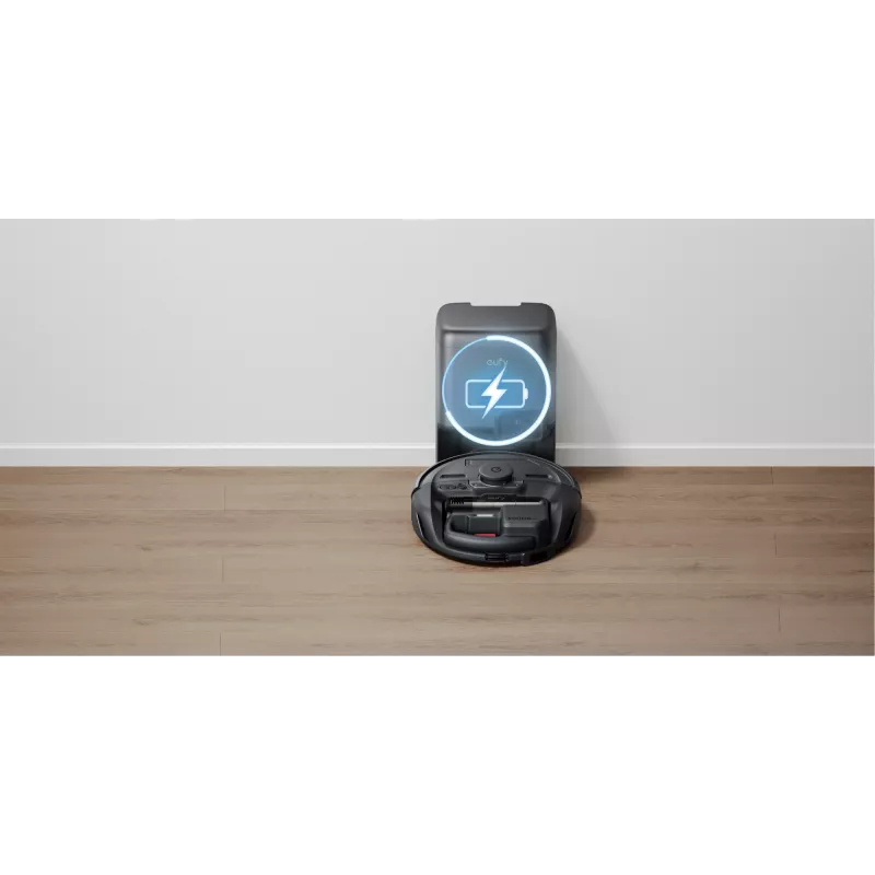 Robotas dulkių siurblys Eufy E20 Black – apvalus, su dulkėms surinkimo baze, 150 min veikimo laikas, 35 cm skersmuo