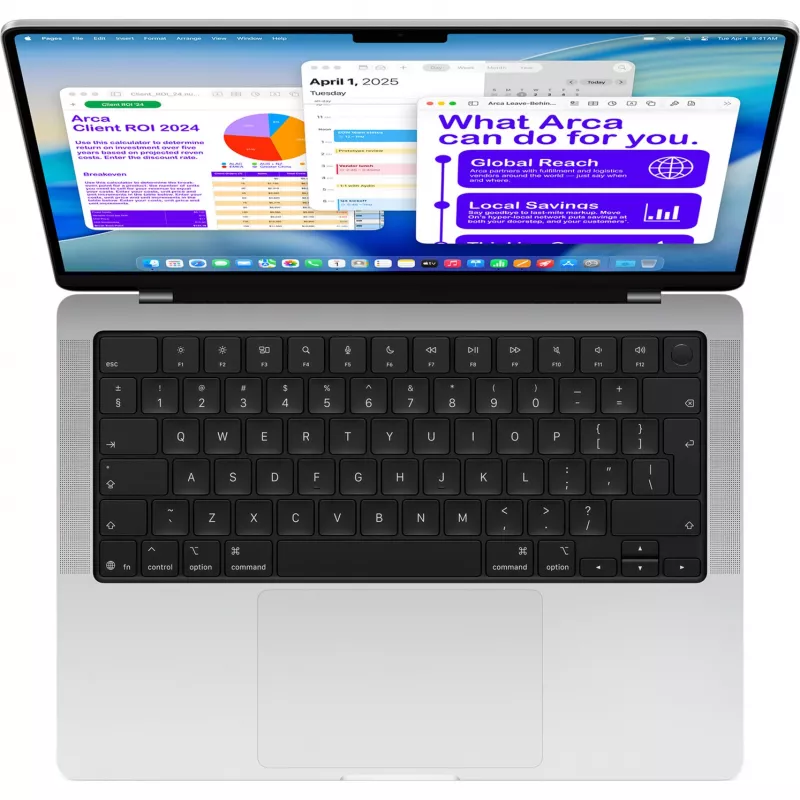 Apple MacBook Pro sidabrinis MDE44D/A - 35,6 cm (14 inch), M5 10 branduolių lustas, 10 branduolių GPU, 16 GB RAM, 512 GB SSD / be maitinimo šaltinio