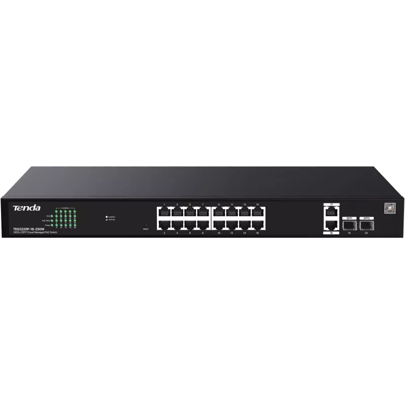 TENDA TEG2220P-16-250W – valdomas Gigabit L2 PoE+ jungiklis, 16×1Gb/s, 230 W