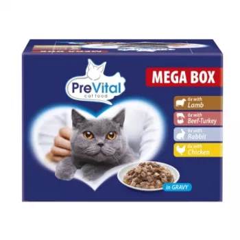 PREVITAL Katėms ėdalo megabokas su ėriena, jautiena, triušiu ir vištiena padaže - šlapias ėdalas katėms - 24 x 100 g