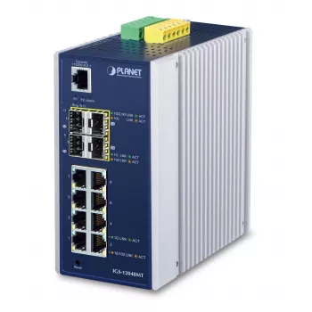 PLANET IGS-12040MT - Valdomas pramoninis jungiklis - 8 x 10/100/1000 + 4 x Gigabit SFP - Tvirtinamas ant DIN bėgio arba sienos - AC 24 V / DC 12-72 V (IGS-12040MT)