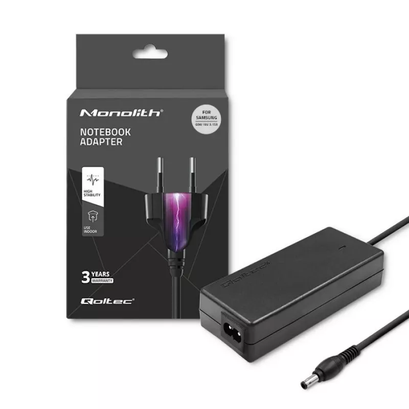 Qoltec 50015 60W maitinimo adapteris Samsung | 60W | 19V | 3,15A | 5,5*3,5+pin | su maitinimo laidu