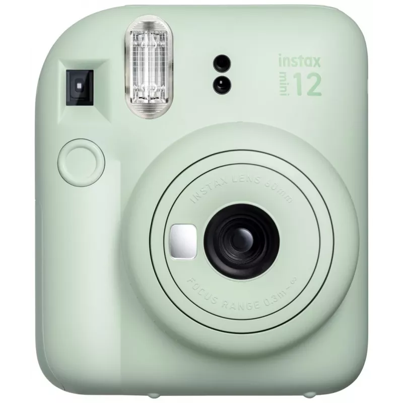 Momentinė kamera Fujifilm Instax Mini 12 Žalia – nuotrauka 86x54 mm, juosta 62x46 mm, 60 mm ekv. židinio nuotolis
