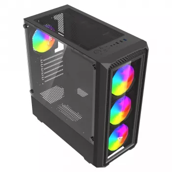 PC korpusas SAVIO Noctis Glass RGB – juodas, ATX/Micro-ATX, 210×410×450 mm, 3×120 mm priekiniai ventiliatoriai
