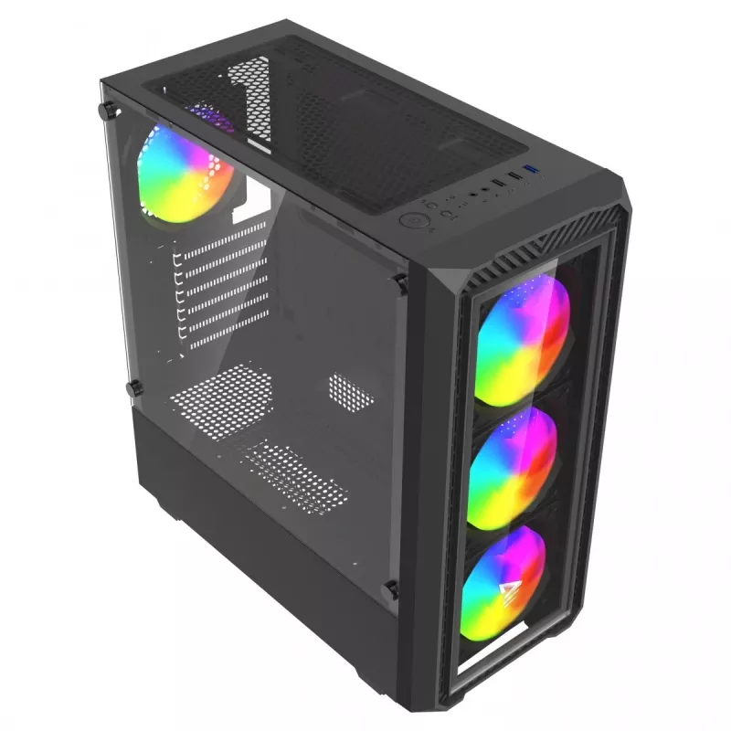 PC korpusas SAVIO Noctis Glass RGB – juodas, ATX/Micro-ATX, 210×410×450 mm, 3×120 mm priekiniai ventiliatoriai