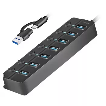 USB 3.2 Gen1 7 prievadų USB mazgas su atskirais jungikliais, juodas