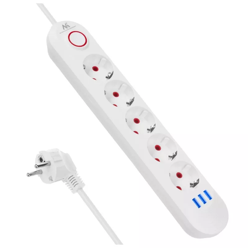 Maitinimo blokas MACLEAN MCE395 W – 5 kištukinių lizdų, 3× USB A, 110–240 V AC, 2,1 A USB, max 2500 W, baltas, 1,5 m laidas