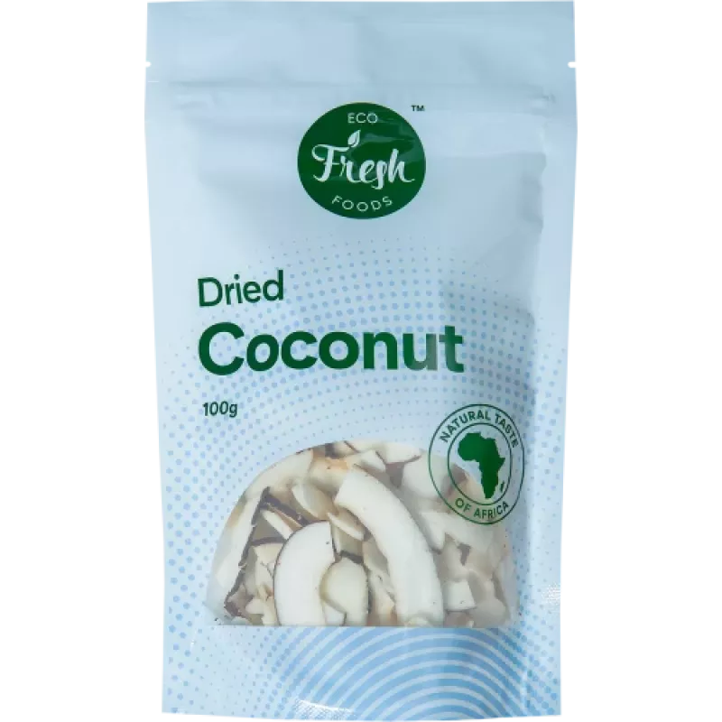 Džiovintas kokosas Eco fresh foods 100 g – tarkuotas desertinis kokosas, 100 g pakuotė