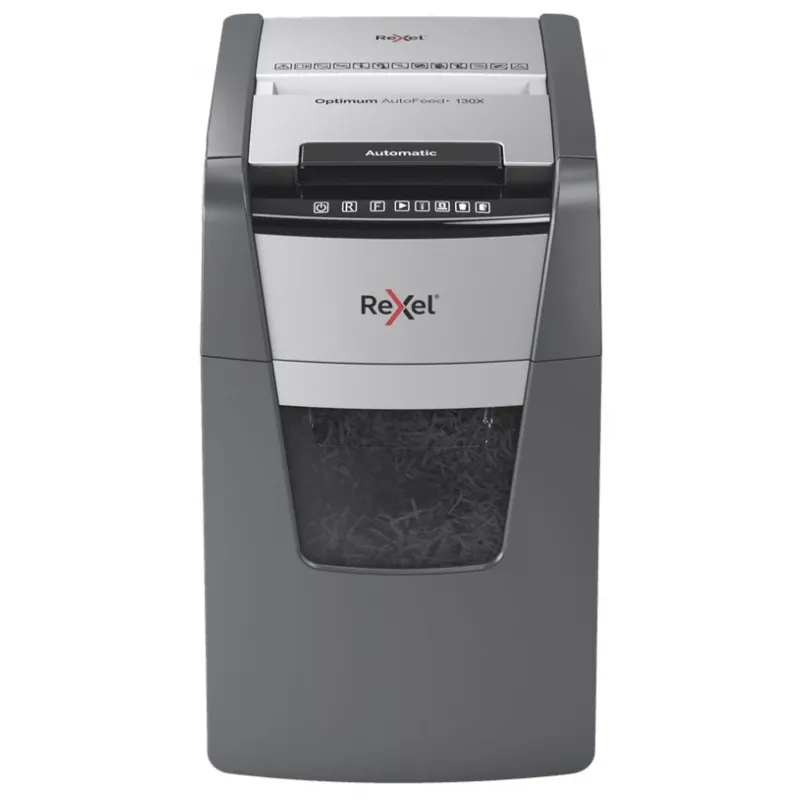 Rexel Optimum AutoFeed+ 130X popieriaus smulkintuvas, kryžminis pjovimas, 55 dB, 22 cm, juoda, sidabrinė