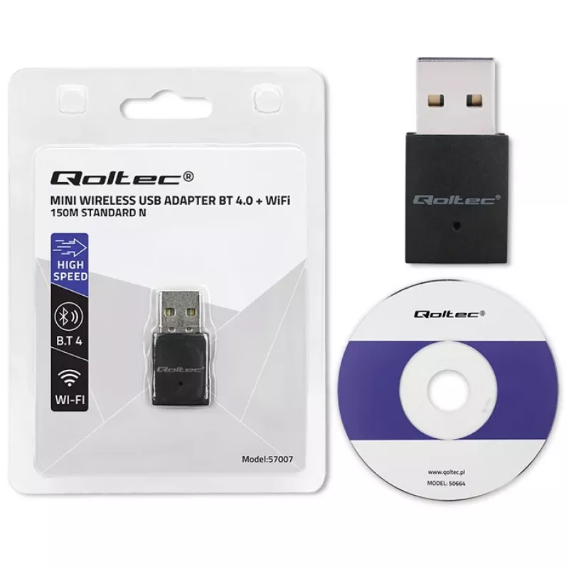 Belaidis Mini USB Wi-Fi adapteris QOLTEC 57007 – vienos juostos 2,4 GHz, iki 150 Mbps, vidinė antena