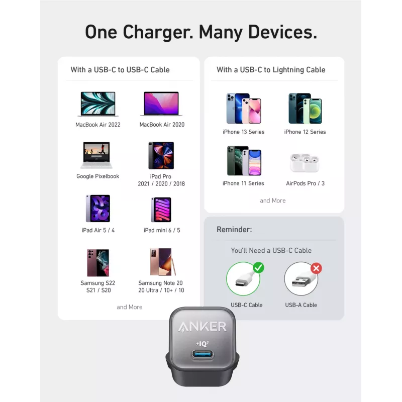 Vidinis AC įkroviklis Anker 511 Nano 3 — 30W, 1× USB-C, 100–240V, juodas