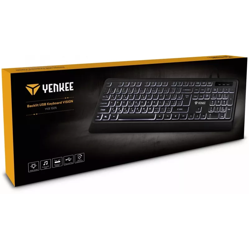 USB klaviatūra su foniniu apšvietimu, tyli membraninė, žemo profilio klavišais