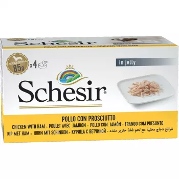 Šlapias šunų maistas Agras Pet Foods Schesir vištiena su kumpiu želė, 4 x 85 g