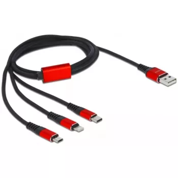 USB įkrovimo laidas DeLOCK 3 in 1 Type-A į Lightning / 2 x USB Type-C 1 m juoda / raudona