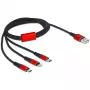 USB įkrovimo laidas DeLOCK 3 in 1 Type-A į Lightning / 2 x USB Type-C 1 m juoda / raudona