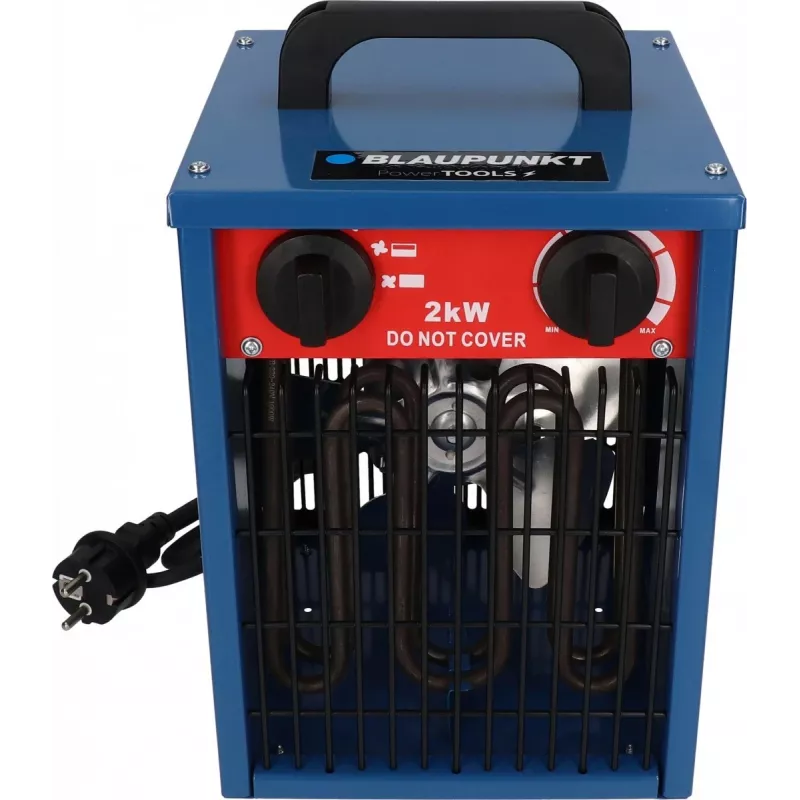 Elektrinis ventiliatorinis šildytuvas BLAUPUNKT EH7010 — 2000 W, nerūdijančio plieno elementas, IPX4, pastatomas ant grindų, iki 22 m², juoda/mėlyna/raudona