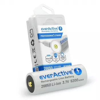 Įkraunama baterija everActive EV26650-52M 3.7V 5200mAh su Micro USB įkrovimu