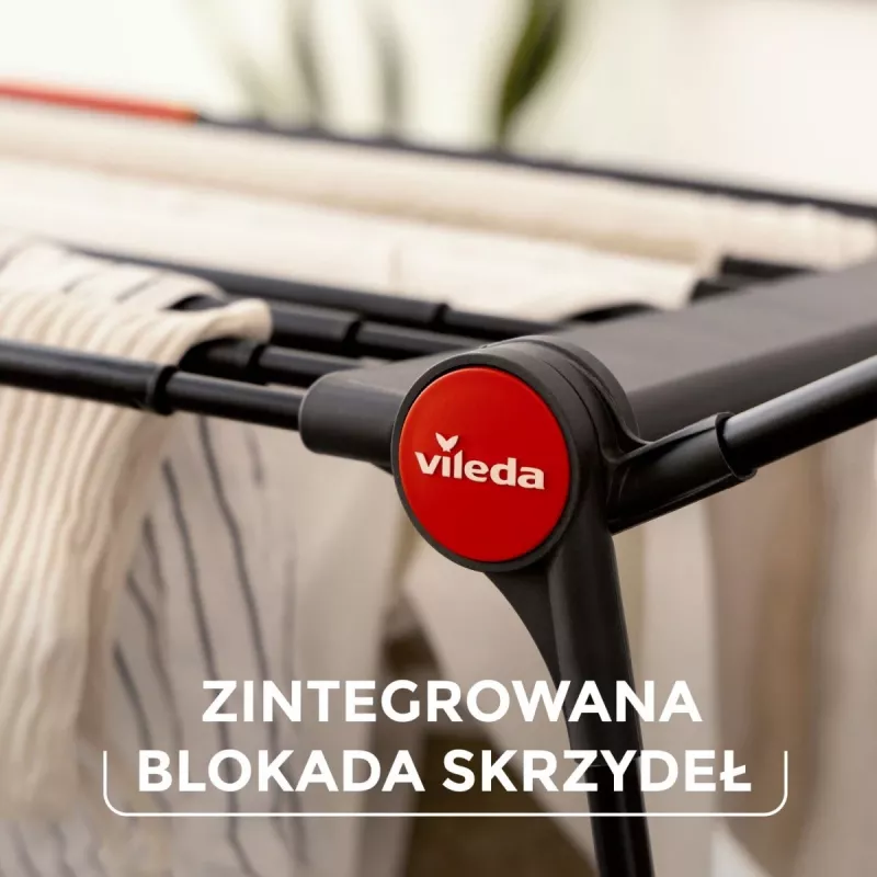 Džiovinimo stovas VILEDA Infinity Flex Ultimate Telescopic — juodas, dengtas aliuminis, 30 m džiovinimo erdvė, sulankstomas, su ratukais